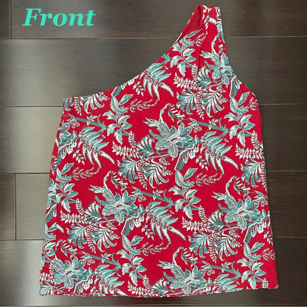 LOFT Women One Shoulder Iris Red and Teal Top Petite XXSP
